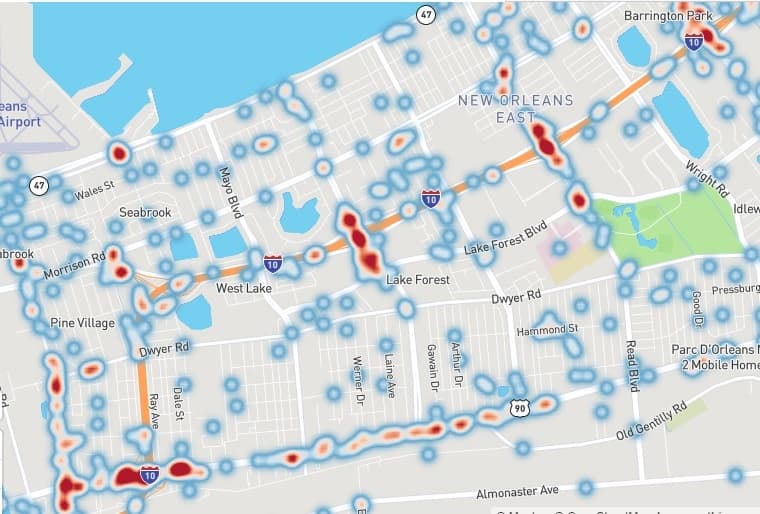 New Orleans East Car Accident Heatmap. Accident Hotspots include: 1. Downman Rd & Dwyer 2. Downman Rd & Chef Menteur Highway (US 90) 3. I-10 Service Rd & Morrison Rd 4. Lakeshore Dr Near South Shore Harbor Marina 5. Haynes Blvd Near Lakeshore Dr New South Shore Harbor Marina 6. Wilson Dr. & Chef Highway 7. All along Chef Highway from Downman to Bundy Rd. 8. Crowder & I-10 9. Crowder & Lake Forest Blvd 10. Read Blvd & I-10 11. Read Blvd & Lake Forest Blvd 12. Bullard & I-10 13. Little Woods & I-10 14. Michaud at Chef Highway 15. Michaud at Versailles