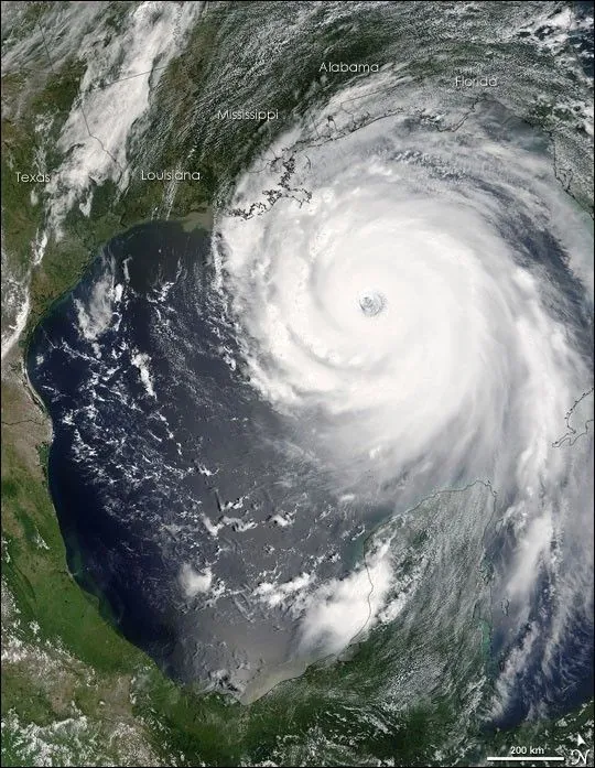 Satellite image of Hurricane Katrina filling the Gulf of Mexico in August 2005