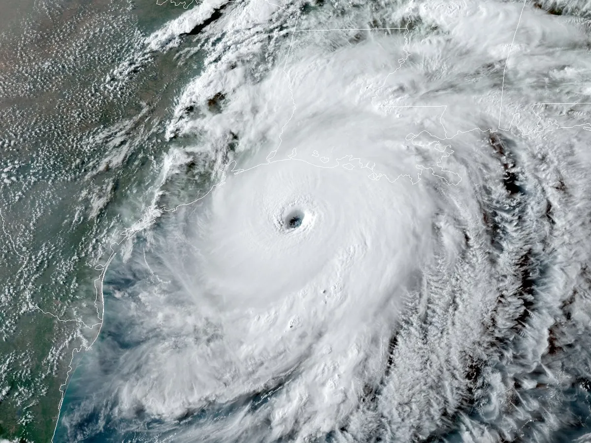 Satellite image of Hurricane Laura near the Louisiana coast in August 2020